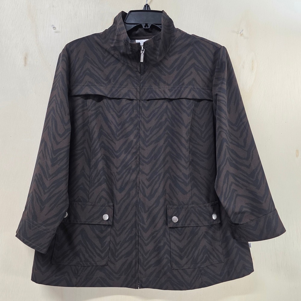 Zenergy by Chico's Zebra Print Full Zip Jacket Brown Black Size 1 Mock Neck